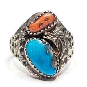 Vintage Navajo Sterling Silver Turquoise Coral Statement Ring